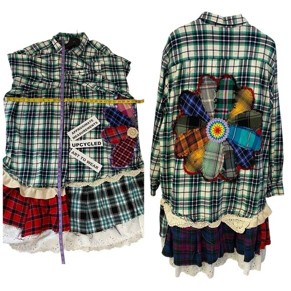 Flannel Shirt Womens 3X Duster Shacket Green Cottage Grunge Art Upcycle Peasant - Picture 11 of 16